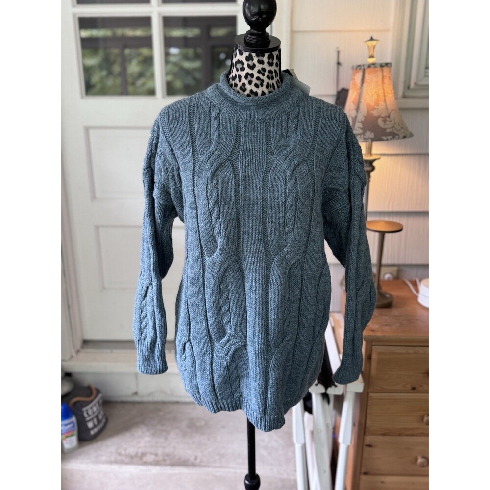 Gaelterra brand wool sweater Teal Cable Knit New Medium Irish Knit Roll Collar